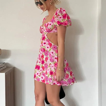 binfenxie Summer Beach Boho Floral Print Mini Dress Sexy Hollow Out Backless Bandage A-line Dresses Chic Women Puff Sleeve Party Bodycon