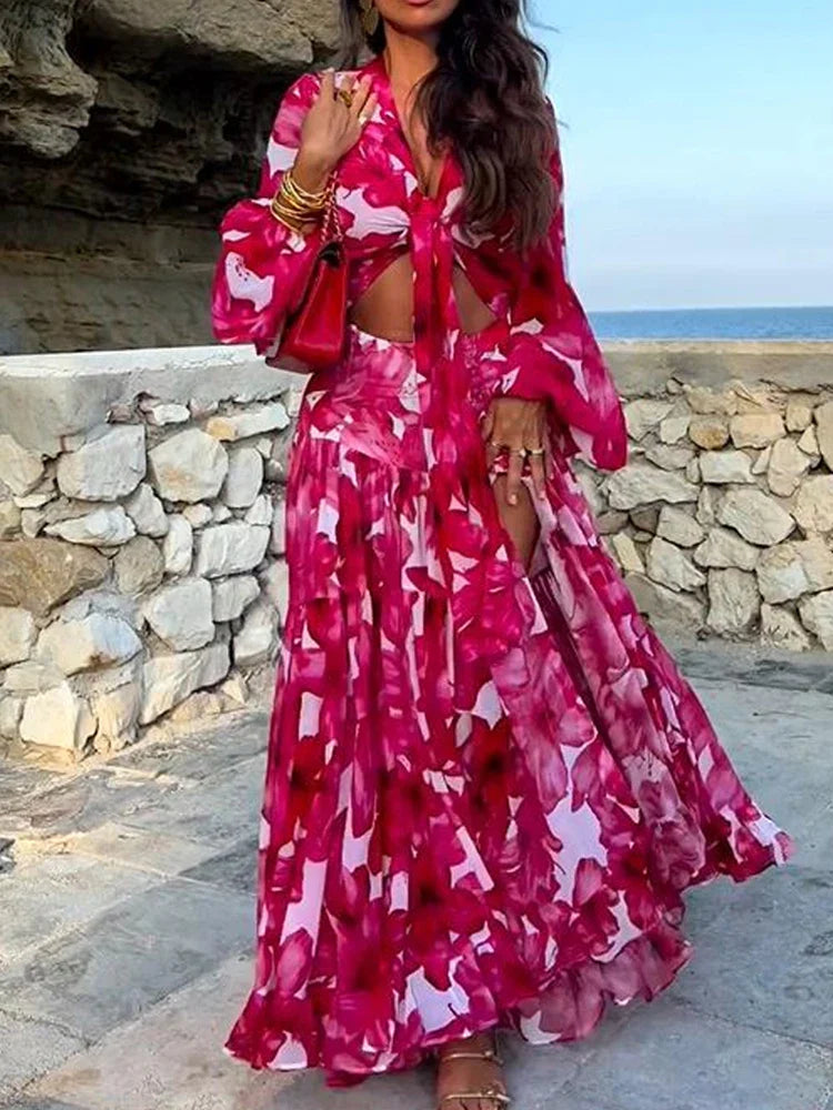 binfenxie  -   Red Flower Print Maxi Dresses Women Long Sleeve Side  Hight Split Loose Hem  Long  Party Dresses Pattern Printing