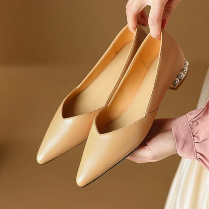 Futurecen  -  NEW Spring Women Pumps Split Leather Shoes for Women Pointed Toe Low Heel Women Pumps Pearl Handmade Shoes Concise Ladies Shoes