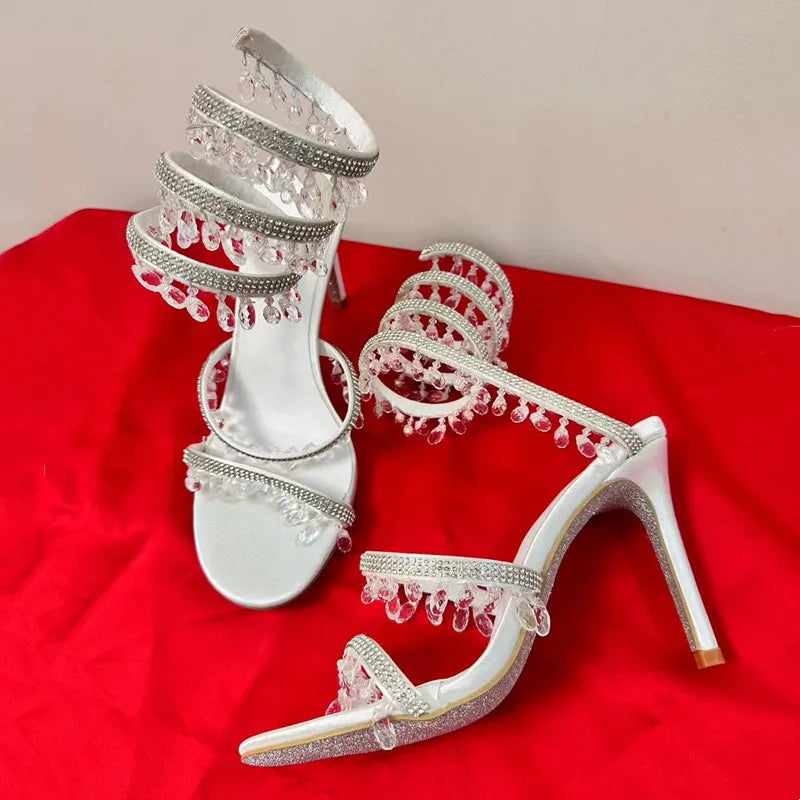 binfenxie Star style Rhinestones Tassel Serpentine Winding Women Sandals Fashion Stiletto High heels Gladiator sandals Summer Prom Shoes