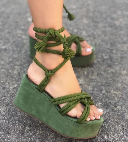 binfenxie Platform Wedge Strappy Sandals Women Fashion Round Toe Cross Tied Height Increase Open Toe Women Sandals