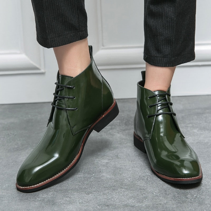 Green Men Chelsea Boots Leather Men winter Shoes Pointed Ankle Boots Platform Casual Shoes Leisure British style Cowboy Boots