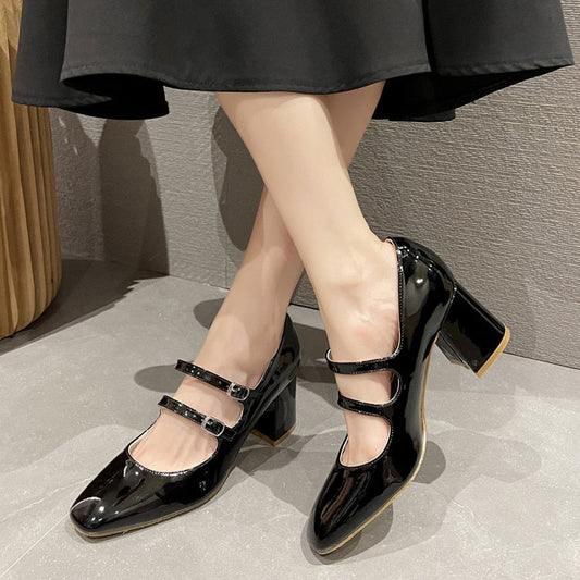 Thick High Heels Mary Jane Shoes for Women Spring Fashion Double Buckle Strap Pumps Women Black Patent Leather Shoes