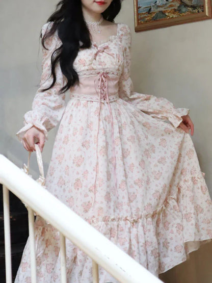 binfenxie Spring Pink Floral Elegant Dress Women Bandage Lace Print Sweet Vintage Dress Puff Sleeve Kawaii Dress Women Princess Fairy