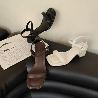 Summer Narrow Band Women Sandal Fashion Square Low Heel Ladies Elegant Dress Sandal Shoes Outdoor Casual Slides