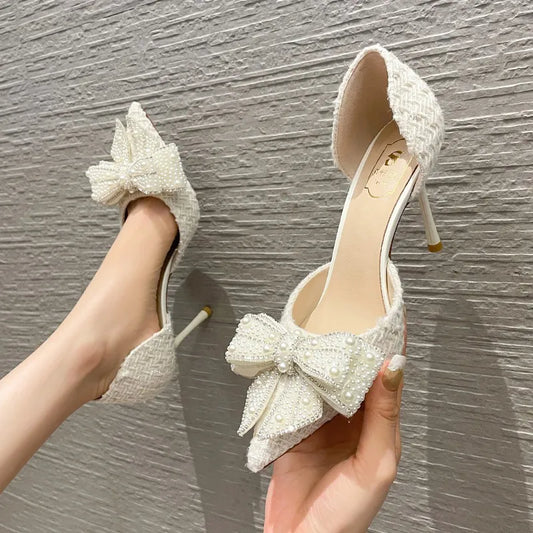 Luxury Pearl Crystal Bowtie White Wedding Shoes Women Autumn Brand Designer High Heels Pumps Woman Thin Heeled Party Shoes