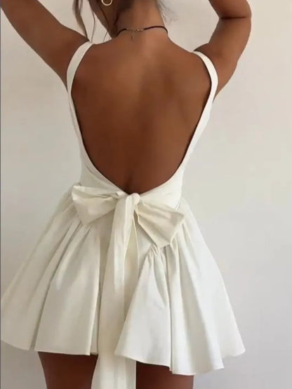 Elegant Backless Bow Lace Up Mini Dress Women Sweet Square Neck Pleated Suspender A-line Dresses Summer Lady Solid Robe