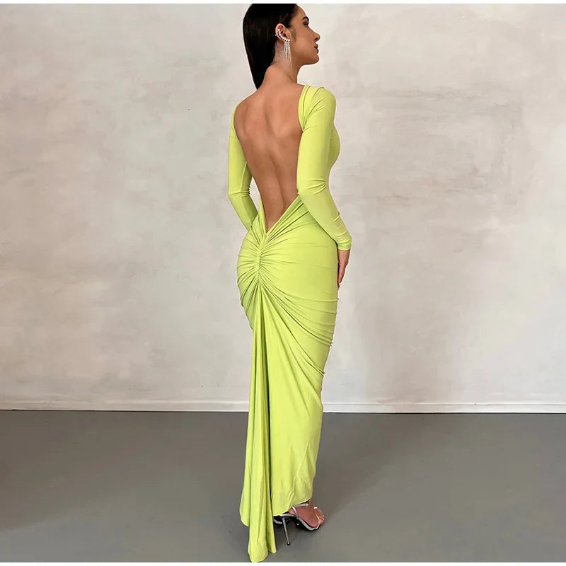 Backless Pleated Midi Dress Women Fashion O-Neck Long Sleeve Dresses Spring Chic Female Sexy Party Evening Outfits