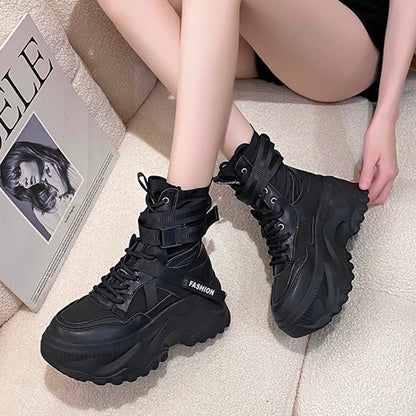 Fashion Women Chunky Platform Motorcycle Boots White Lace Up Thick Bottom Shoes Woman Autumn Winter Ankle Botas De Mujer