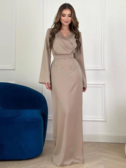 binfenxie  -   Long Sleeve Maxi Dress Women V Neck Flare Sleeve Long Dress Female Slim Elegant Party Dress Women Metal Chain Solid