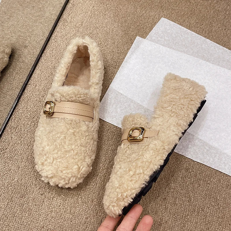 binfenxie  -  2024 Autumn Winter New Korean Plus Cashmere Warm Cotton Shoes for Women Fashion Casual Solid Color Outwear Flat Fur Shoes Female