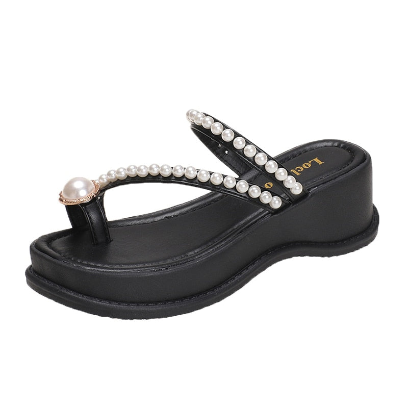 Fashion Pearl Wedge Sandals Women Summer Chunky Platform Slippers for Woman Thick Bottom Clip Toe Gladiator Sandalias Mujer