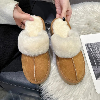 Shoes Woman Plush Slippers For Adults Low Pantofle Platform Fur Flat New Hoof Heels Cotton Fabric Rubber Rome Basic Slides