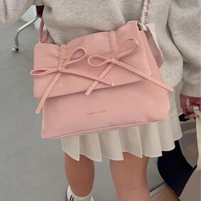 binfenxie Pink Womens Shoulder Bag 2024 Fashion Pleated Elegant Casual Bow Tote Bag Scarves Large Capacity Exquisite Female Handbag