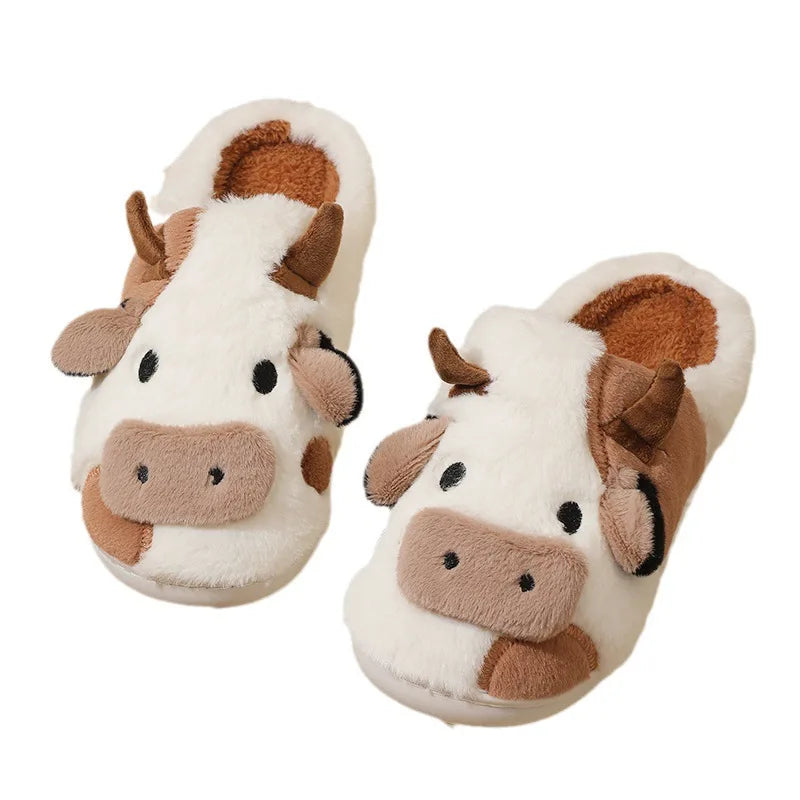 Winter Unisex Cute Cartoon Cow Warm Plush Slippers Couple's Indoor Non-slip House Slides Men Women Toe Wrap Home Cotton Shoes