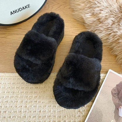 New Summer Fur Chunky Slippers Women Fashion Open Toe Platform Flats Heels 7cm Female Summer Comfort Beach Slides Shoes