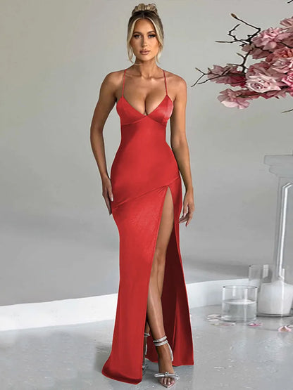 Elegant Spaghetti Strap Backless Sexy Maxi Dress For Women Fashion Sleeveless Thigh High Split Club Party Long Dress