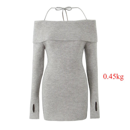 Autumn Off The Shoulder Knitted Dress New Black Sexy Bodycon Birthday Party Dresses Short Halter Knitted Dress