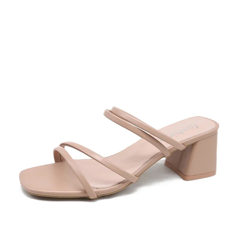 Women Sandals Ladies Square Heels Elegant Summer Slippers Outside Cross Tied Leather Female Slides Fashion Woman Sandals