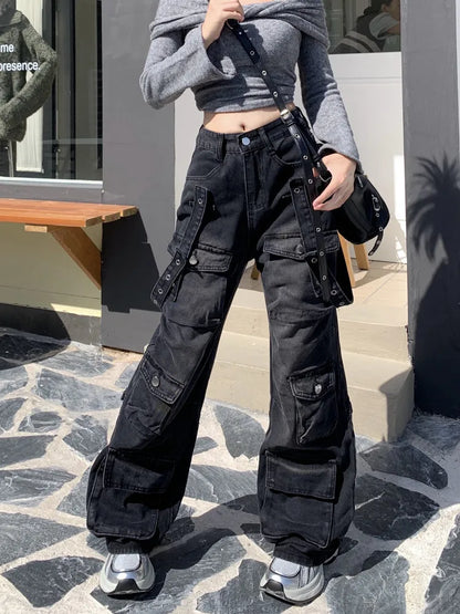 binfenxie 2000S Clothes Y2K Streetwear Washed Black Baggy Cargo Jeans Pants For Women Wide Leg Multi Pockets Straight Loose Lady Trousers