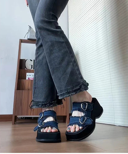 binfenxie Designer Summer Denim Woman Slippers Fashion Open Toe Platform Flats Slides Shoes Outdoor Dress Sandalias