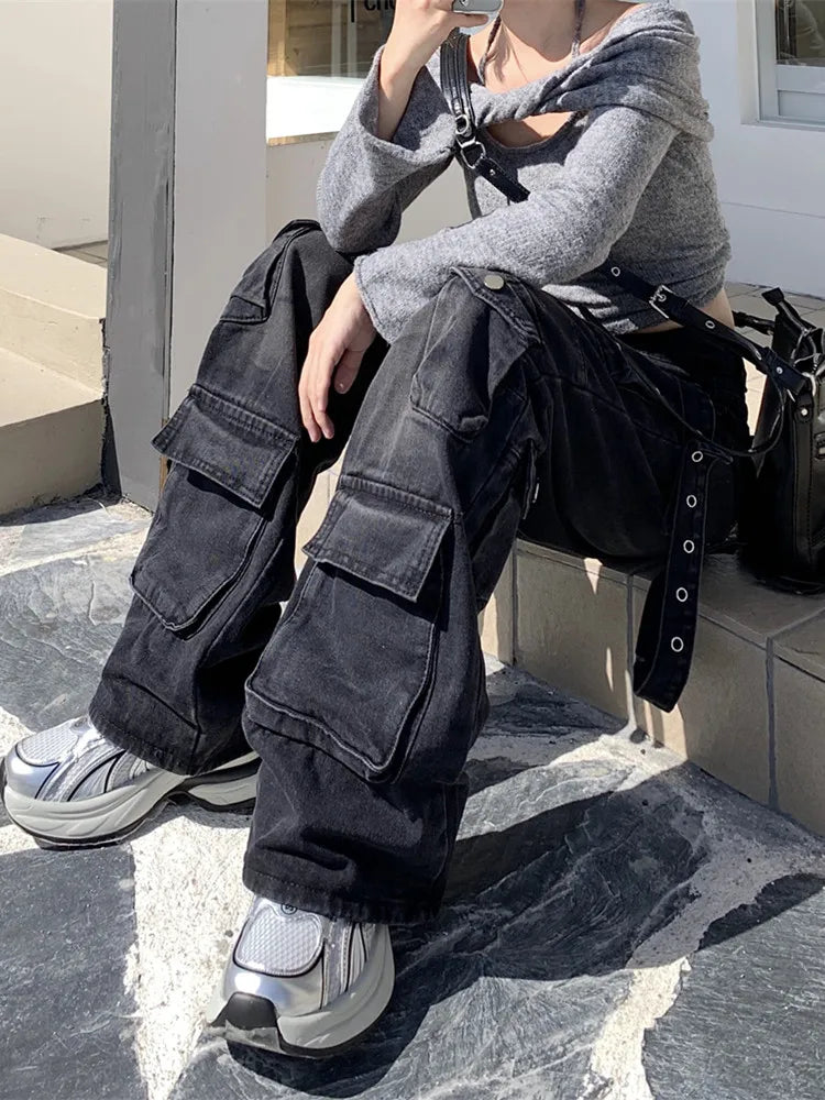 binfenxie 2000S Clothes Y2K Streetwear Washed Black Baggy Cargo Jeans Pants For Women Wide Leg Multi Pockets Straight Loose Lady Trousers