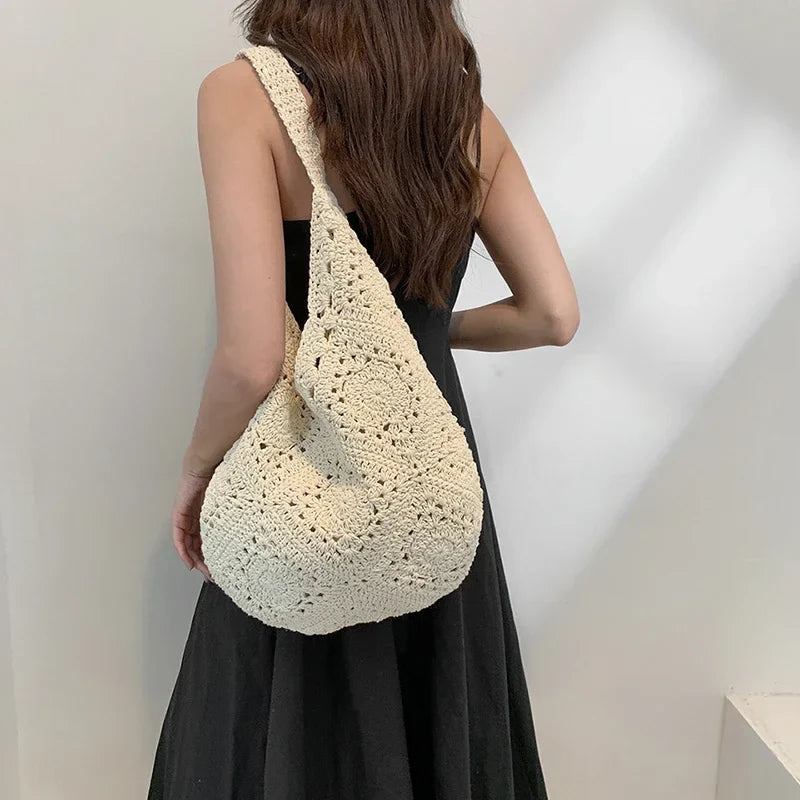 binfenxie Straw Woven Hollow Out Shoulder Bags Large Capacity Casual Versatile Unique Design Handbags for Women Fashion New Tote