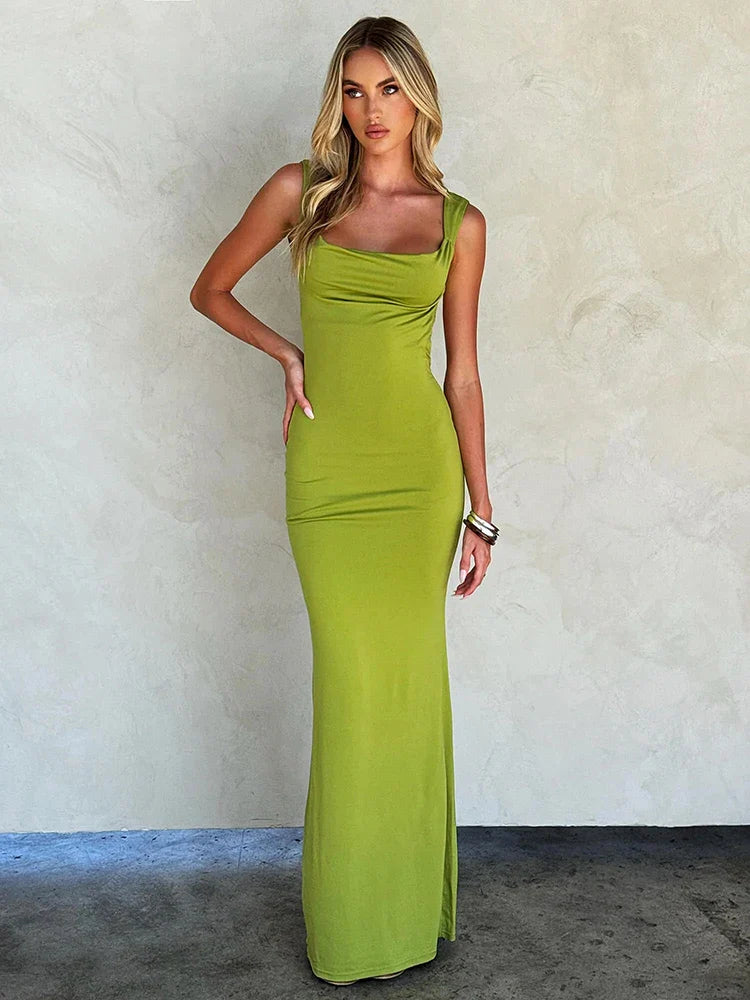 Double Shoulder Straps Backless Sexy Maxi Dress For Women Summer New Square Collar Sleeveless Bodycon Long Dress