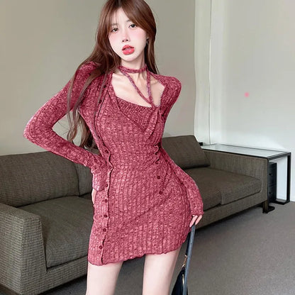 binfenxie Autumn And Winter  Irregular Knit Dress For Women Sexy Fashion New Collar Show Slim Waist Dresses Ins