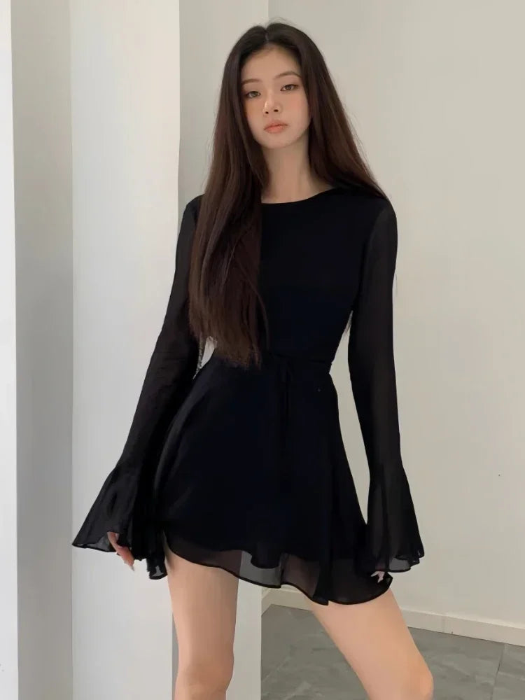 binfenxie Backless Black Dress Women Elegant Back Hollow Out Lace-up Long Sleeve Mesh Patchwork Sexy Slim Ruffle Mini Dress Party