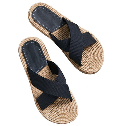 Handmade Ladies Home Slipper Hemp Straw Women Sandals Casual Outdoor Cross Slipper Female Summer Beach Wear Flat Heel Shoes