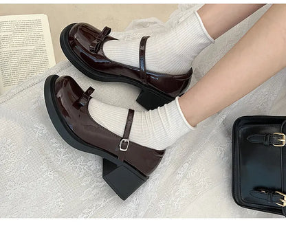 Futurecen Vintage Ankle Buckle Mary Jane Shoes Women Patent Leather Thick Heels Pumps Woman Japanese Style Platform Uniform Lolita Shoes