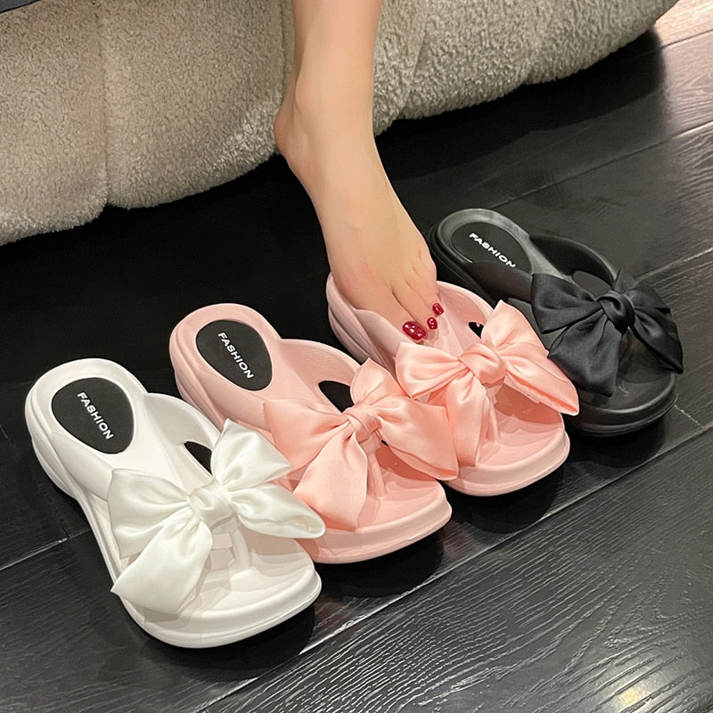 Pink Big Bowknot Wedge Flip Flops for Women Summer Clip Toe Platform Sandals Woman Thick Sole Non Slip Beach Slide Slippers