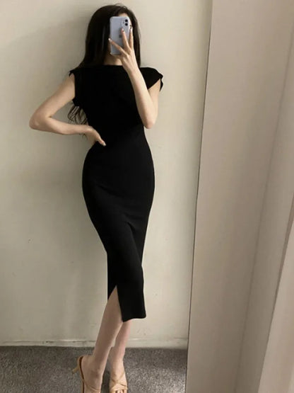 binfenxie Summer New Short Sleeve Women Folds Casual Charm Slim Fit High Waist Split Long Christmas Dress Sexy Wrap Hip Gentle Solid