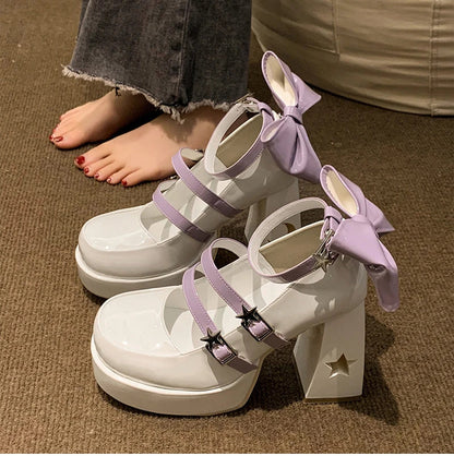 Futurecen Pumps Lolita Shoes Platform Mary Jane Shoes Star Buckle Strap Women Cross-tied Pu Leather Girls Rivet Casual Shoes kawaii