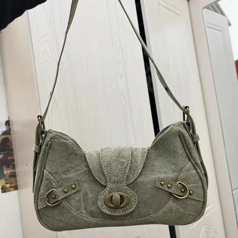 binfenxie Y2k Vintage Shoulder Bag American Street Style Rivets Green Canvas Handbag Gothic Punk Biker Cool Designers Underarm Bag