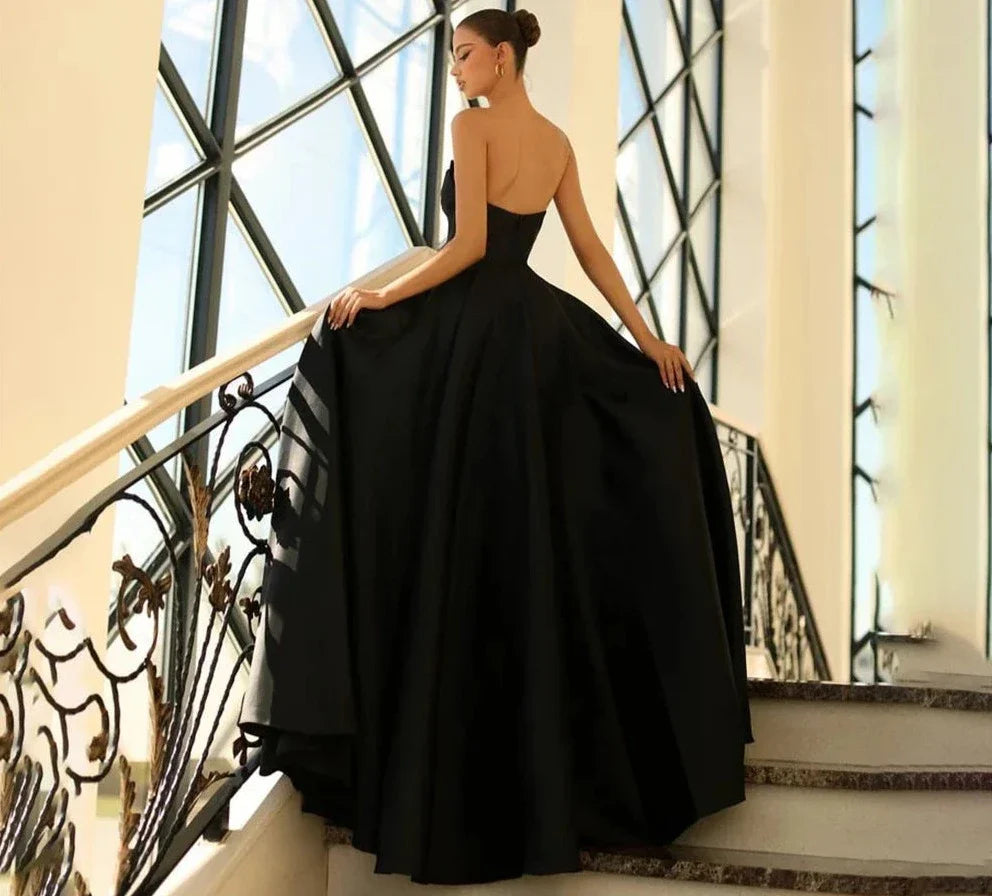 Sexy Strapless Evening Dresses For Women A Line High Side Slit Prom Dress Satin Long Formal Party Gowns robes de soirée