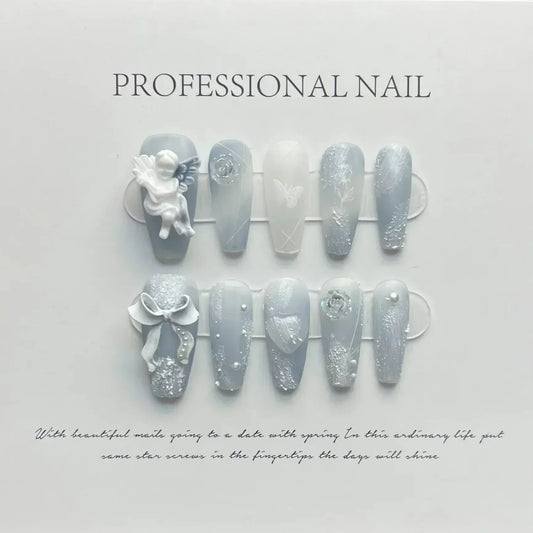 10Pcs Blue Handmade acrylic Nails Set Press on Professional Full Cover Nail Tips Manicure Angel Rose Design Wearable False Nails