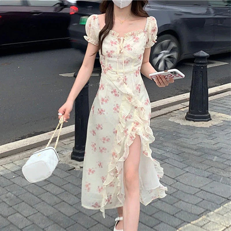 binfenxie Summer New Floral Printing Ruffles Irregular Slit Dress Lady Short Sleeve Sexy Fashion Slim Bow Robe One Word Collar Vestidos