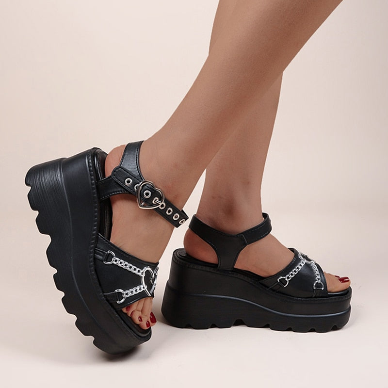 Black Gothic Wedge Sandals Women Summer Y2K Style Chunky Platform Sandals Women Punk Buckle Thick Bottom Lolita Shoes Plus Size