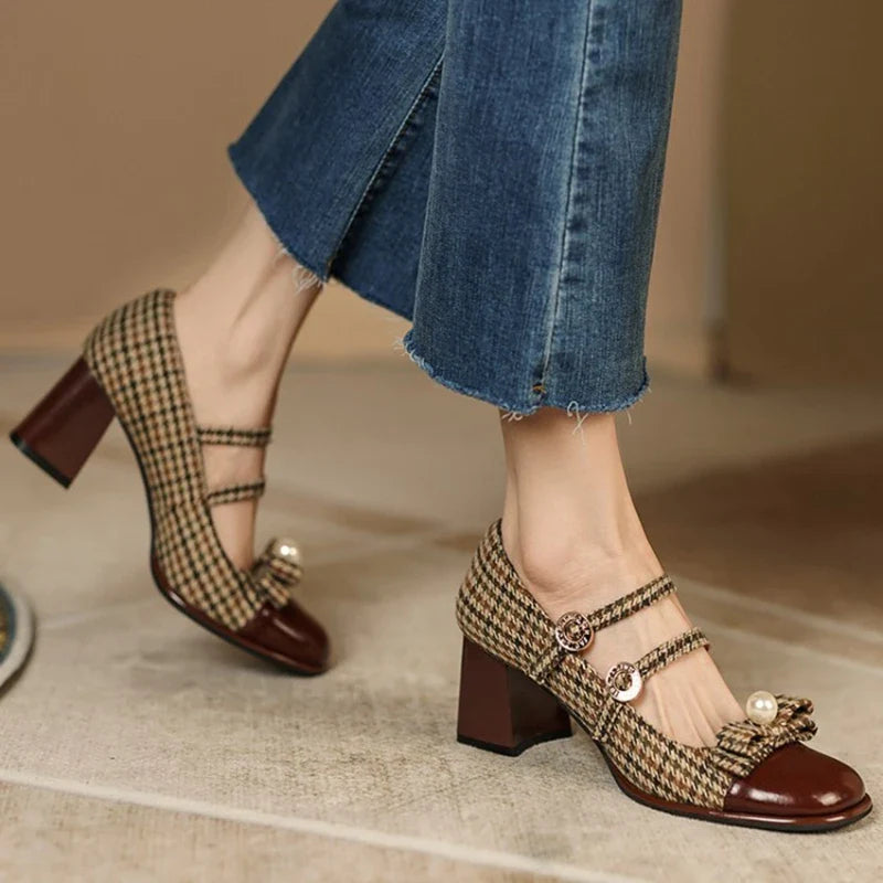 Futurecen  Spring/Autumn Women's Shoes Round Toe Chunky Heel Pumps Cotton Fabric Lattice High Heels Genuine Leather Retro Mary Janes