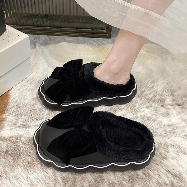 Med Fur Shoes Slippers Casual Slides Cover Toe Platform Slipers Women Butterfly-Knot Plush Luxury Flat 2022 Rome PU Fabric Fashi