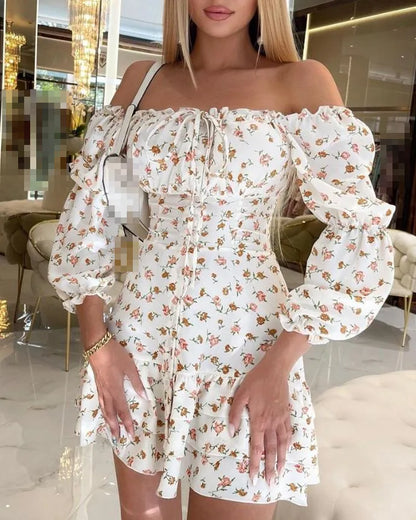 binfenxie Off Shoulder Ruffle Hem Ditsy Floral Print Dress Slash Neck Long Sleeves Elegant Dresses for Women