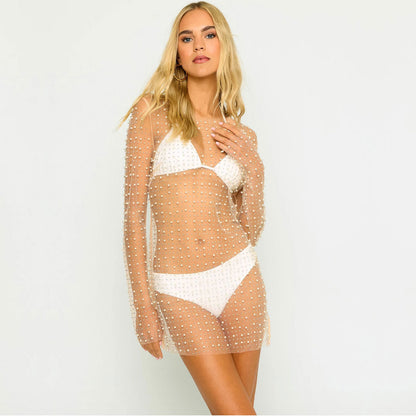 Sheer Mesh Cover Up Dress See-Through Sexy Beach Cover-up Swimwear Bikini Coverups Mini Dress With Pearls Outfits