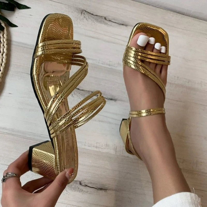 binfenxie Fashion Large 42 Thick Heel Slippers for Women Summer New Gold Strap Square Head Party Slides Outside Roman Banquet Shoes