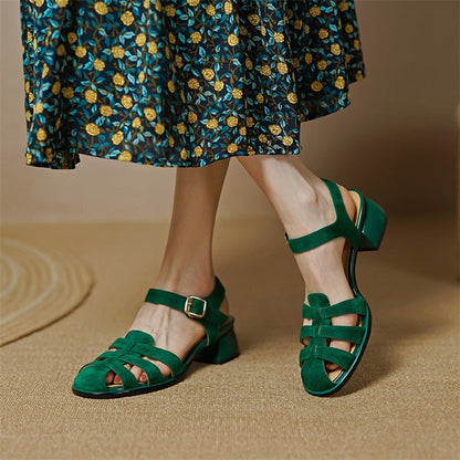 Shoes Women Genuine Leather Gladiator Sandals Thick Heel Sandals Mid Heels Buckle Kid Suede Ladies Footwear Summer Green