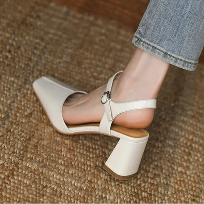 Futurecen Women Pumps One Strap Ladies Shoes Retro Style High Heel Elegant Women Sandal Square Toe Spring Autumn Real Leather Dress Shoes