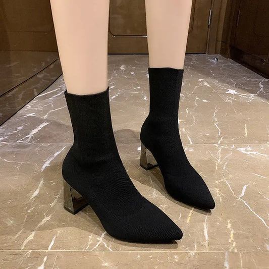 Footwear Black Pointed Toe Short Shoes for Woman Elastic Booties Sock Women's Ankle Boots Pu Trend High Quality Hot Y2k 39