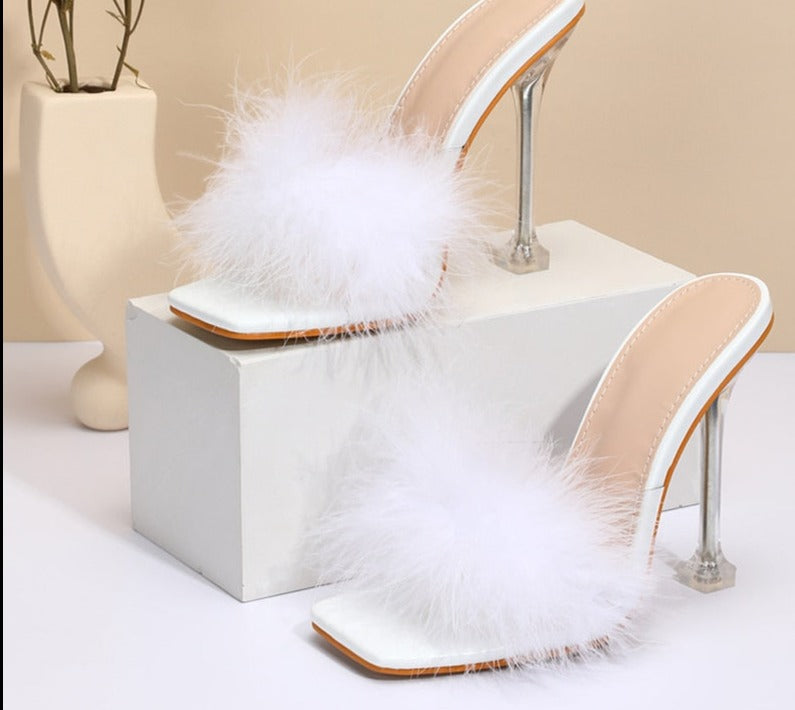 PVC Shoes Slippers Woman Feather Transparent High Heels Fur Pumps Square toe Mules Lady Slides