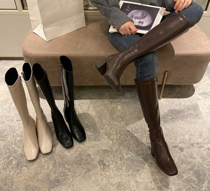 Slim Woman Knight Knee-high Boots Square 6CM Heel Ladies Zippers Fashion Soft Leather Winter Long Boots Shoes For Women